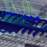 Smoke concentration and streamlines from a fire inside a warehouse